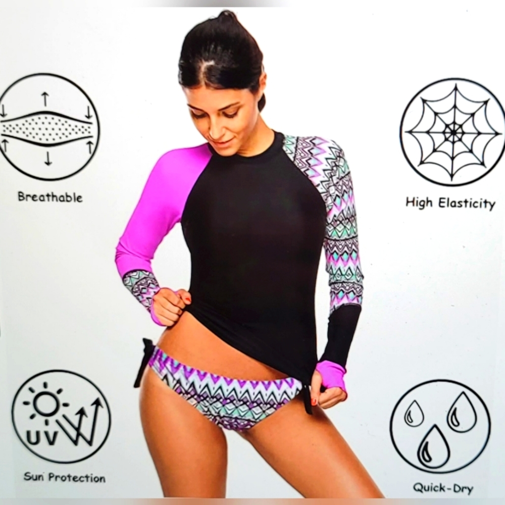 NWOT Pull Over Rash Guard Thumb Holes Side Tie Bikini Bottom swim suit Set